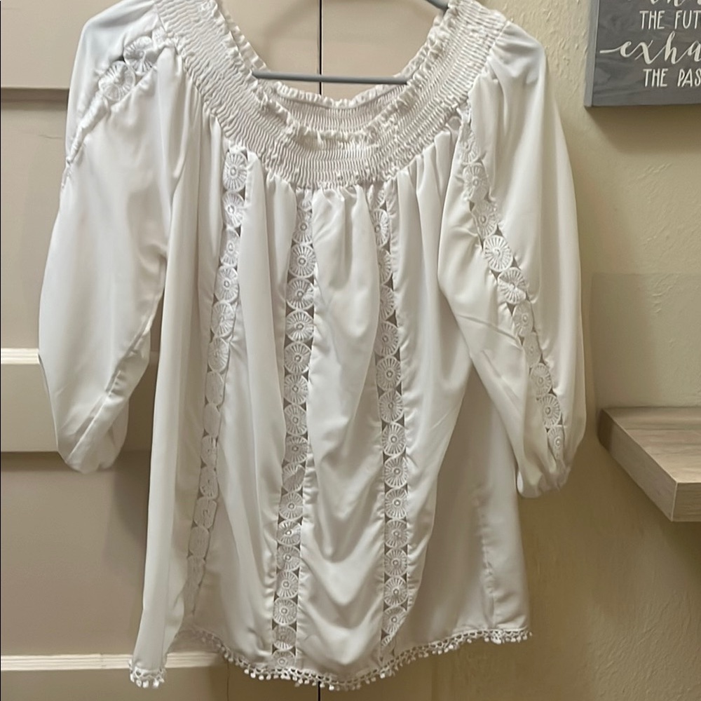 Cream Smocked 3/4 Sleeve Blouse